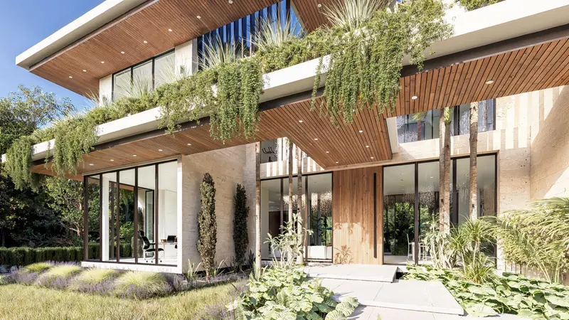 Render de la entrada de Casa Arborēa en Miami Shores, con volumen revestido en madera, paredes de vidrio y jardineras escalonadas