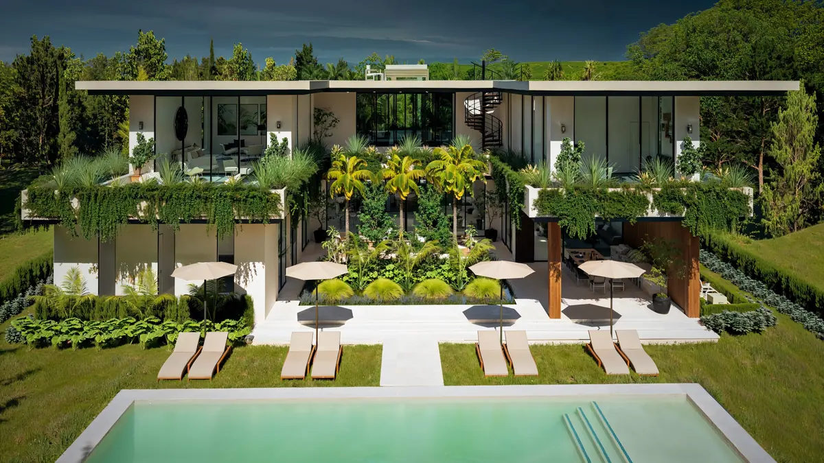 Rendering of Casa Arborēa, Miami Shores: garden, pool and lounge terrace in front of the planted facade