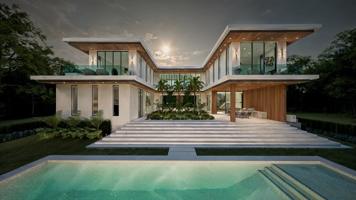 Render de Casa Arborēa en Miami Shores al anochecer: residencia moderna de dos pisos con plafones de madera, terrazas con jardín y patio con piscina
