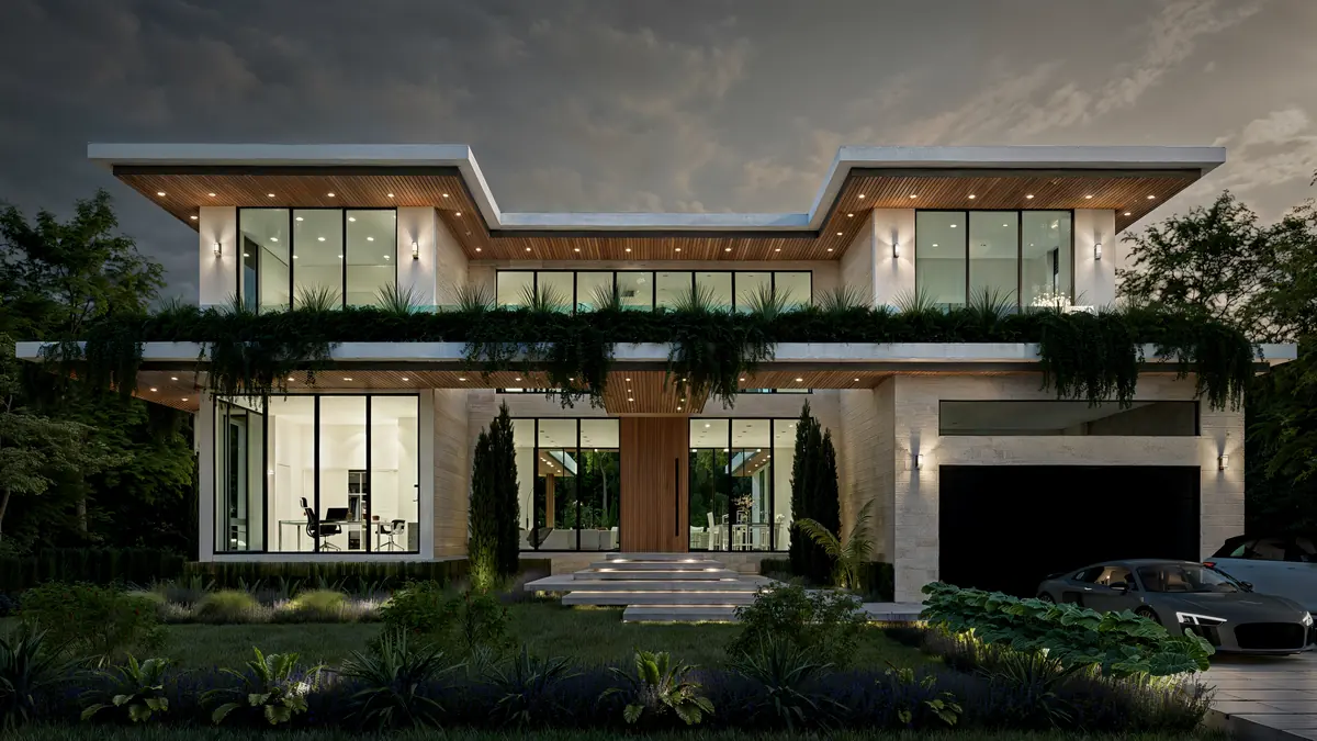 Render nocturno de la fachada de Casa Arborēa, construcción de casa nueva en Miami Shores